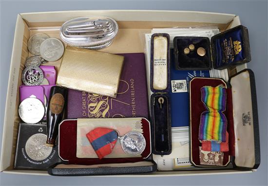 An Imperial Service medal, a silver football medallion, commemorative coins and sundries